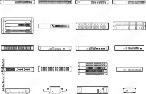 A collection of various network switches and computer hardware, depicted in a clean line-art illustration style, showcases essential networking equipment.