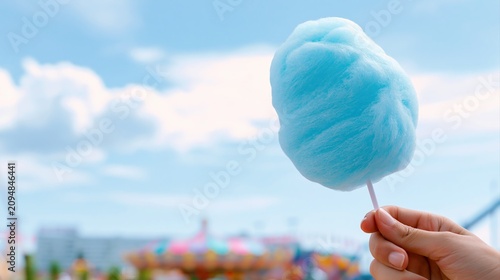 Hand holding blue cotton candy against sky