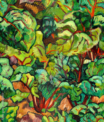Obraz na plátně Oil painting style seamless botanical print with vibrant green chard leaves and