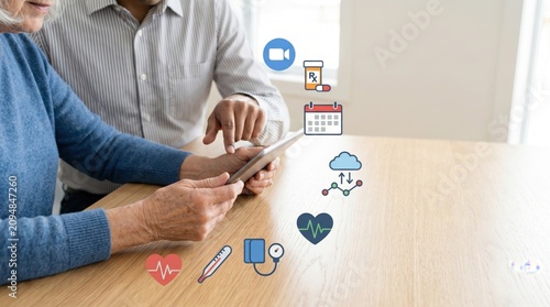 Senior couple using tablet for telemedicine healthcare, remote medical consultation icons, digital health monitoring and online doctor appointment concept