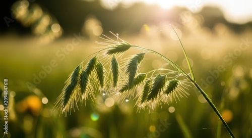 Serene wheat grass in a sunlit field with dew drops on a peaceful morning