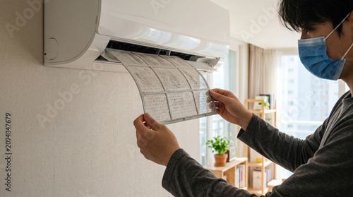 Wearing a mask, he removed the dust-covered filter from the wall-mounted air conditioner.