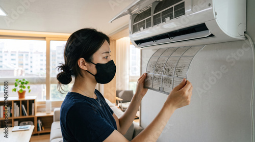 Wearing a mask, she removed the dust-covered filter from the wall-mounted air conditioner.