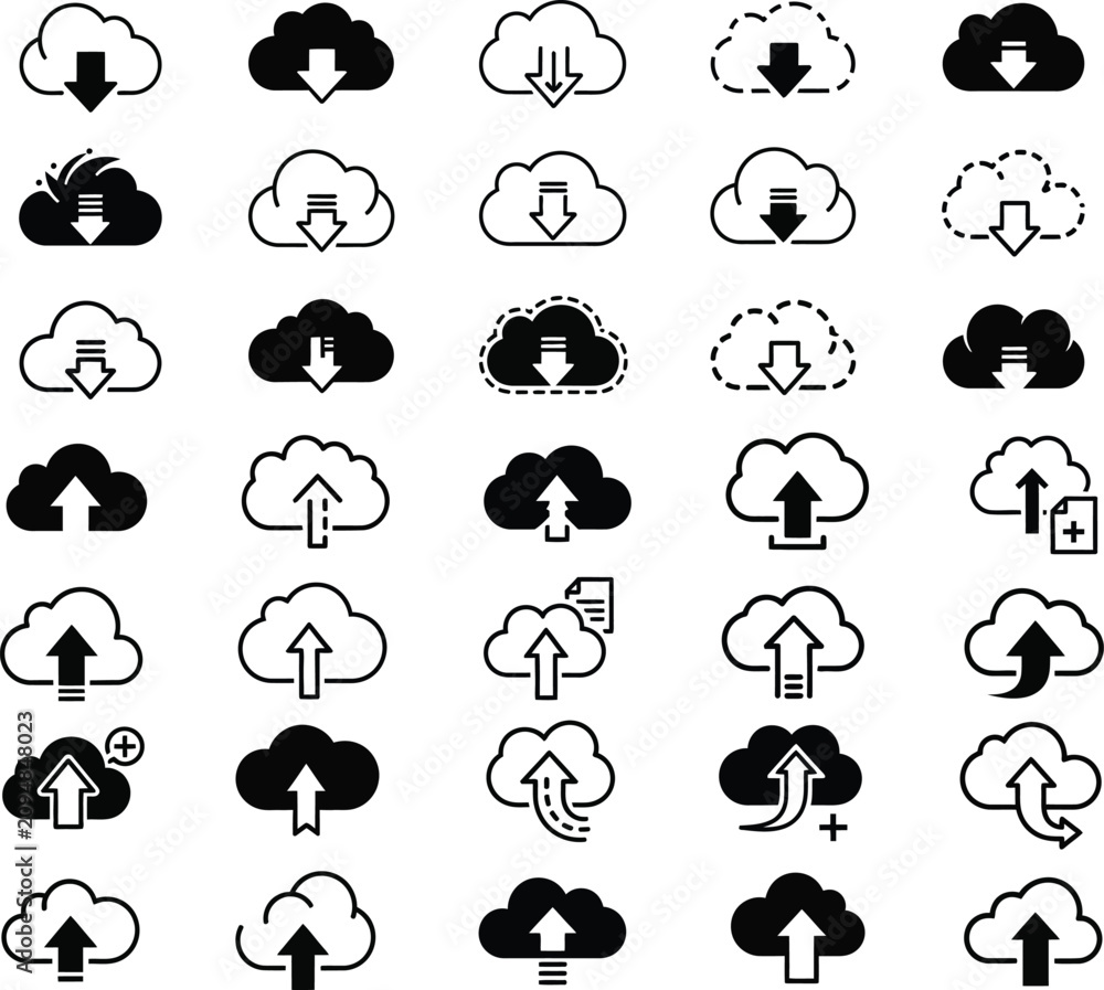 Obraz premium Set of cloud download and upload flat icons on a white background