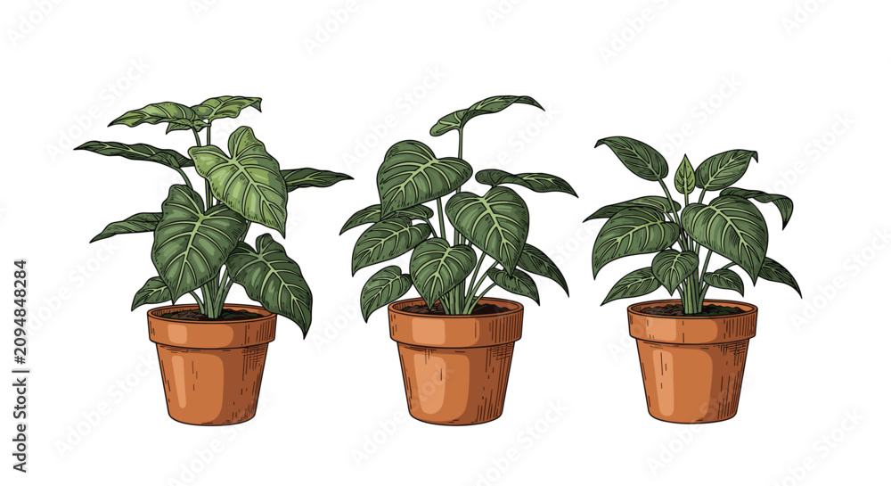 Fototapeta premium Beautiful hand-drawn illustration of three tropical potted houseplants in terracotta pots, detailed botany sketch.