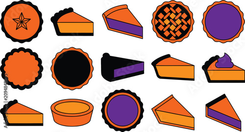 Halloween pumpkin pie icons. Thanksgiving dessert symbols. Vector illustration set.