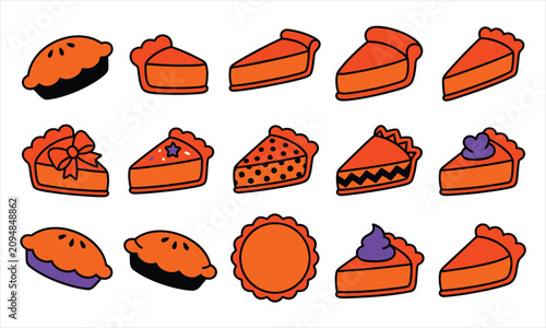 Halloween pumpkin pies bundle. Various pumpkin pie slices and whole pies. Thanksgiving dessert icons.