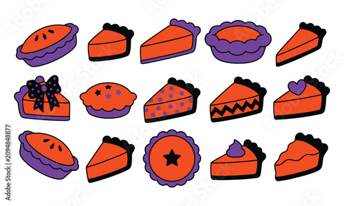 Halloween pumpkin pie bundle. Orange and purple pie slices and desserts. Thanksgiving food icons