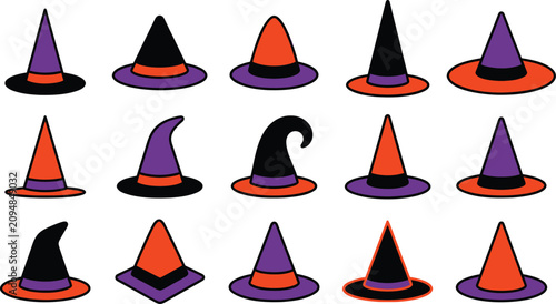 Minimal witch hats clipart. Colorful Halloween hat icons. Vector illustration set.