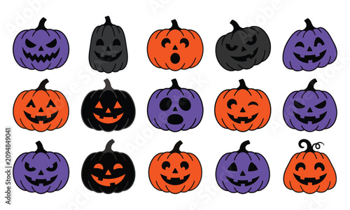 Halloween pumpkin faces. Minimalist clipart icons set. Vector illustrations