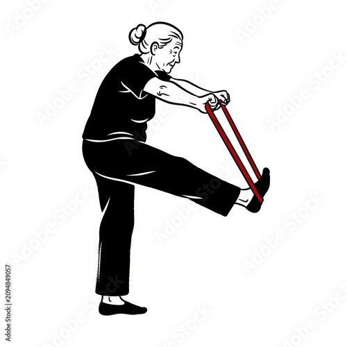 Elderly woman exercising with resistance band while stretching leg  