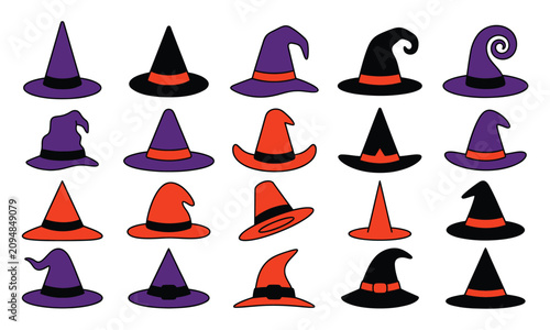 Halloween witch hats collection in purple and orange colors. Minimalist witch hat clipart set for party invitations and decorations. Vector icons f...