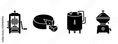 Foto Cheese making process icon set featuring a cheese press, a wheel of cheese, a pa