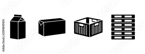 Minimalist black logistics icons featuring cardboard box, shipping crate, milk carton, and stacked pallets for industrial supply chain distribution concepts