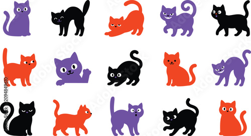 Cute Halloween cats in playful poses. Minimalist black orange purple feline clipart set for festive designs. Adorable cartoon kittens vector icons...