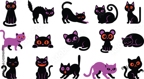 Halloween cat icons. Black and purple feline illustrations. Cute spooky cat graphics