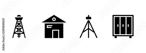 Photos Minimalist black industrial and construction icons set including oil rig tower,