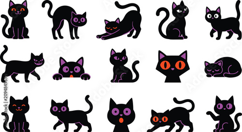 Halloween black cats clipart. Minimalist feline icons set. Vector illustration of cute cats.