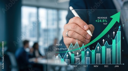 Business hand drawing revenue growth arrow on glass board, financial index volatility chart showing profit increase percentage for corporate strategy planning
