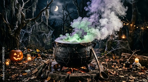 Mystical halloween witch's cauldron with glowing potion spooky forest and jack o' lantern for seasonal decorations