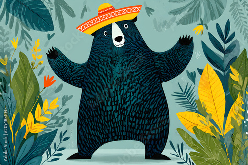 Bear wearing a sombrero stands among green plants and colorful leaves in a lively setting