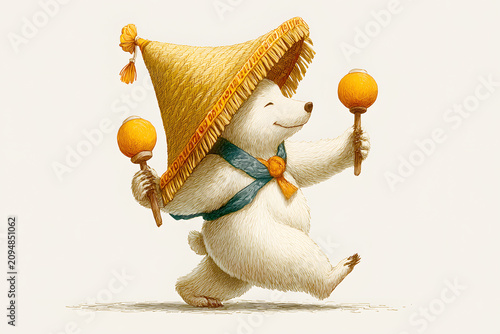 Bear with straw hat and orange maracas dances happily in a playful scene