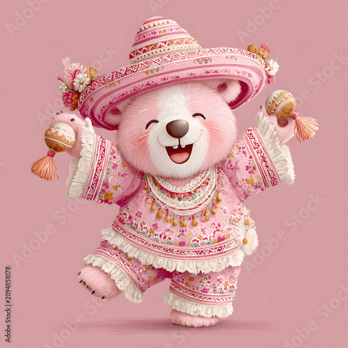 Cute bear wearing a colorful outfit and a large hat dances happily in a cheerful atmosphere