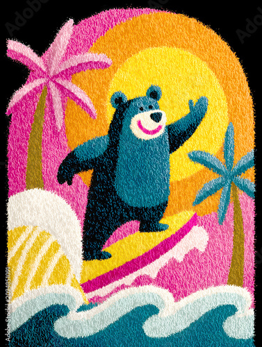 Surfing bear enjoys a sunny day on the beach with palm trees and waves in the background