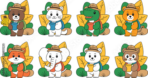 Konstfotografi Cute Kawaii Safari Animal Explorer Character Vector Set Featuring Adorable Bear