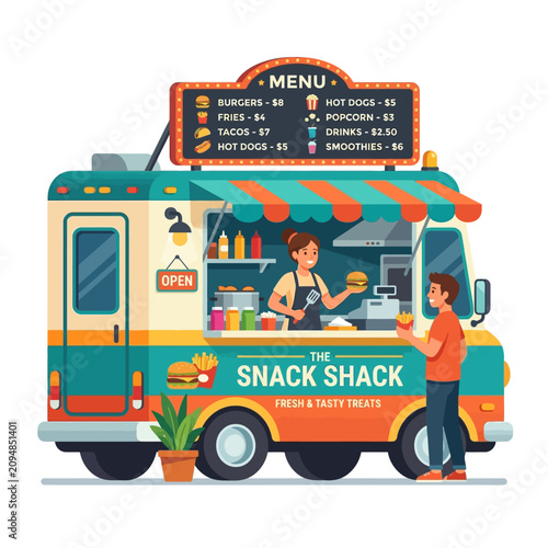 Food Truck Snack Shack Serving Burgers, Fries, Tacos, Hot Dogs