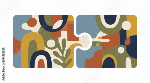 Abstract puzzle shapes and organic botanical wall art.