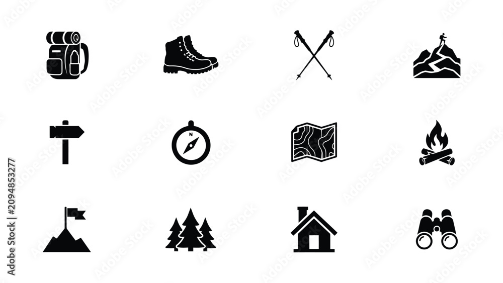 Naklejka premium Minimalist black icons set featuring outdoor adventure and navigation essentials in clean flat design with high contrast collection twelve minimalist icons arranged 3x4 grid