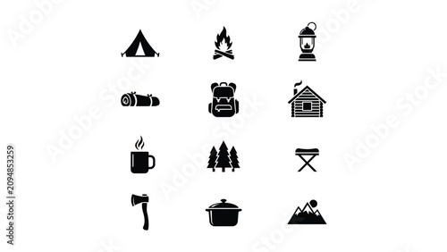 Принти на полотні Minimalist black and white camping adventure icon set with flat design style aga