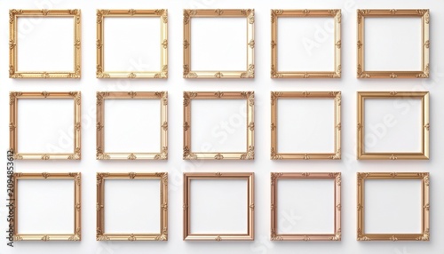 Elegant golden square picture frames set 白背景にシンプルに配置された高級感のあるスクエア額縁フレーム素材セット