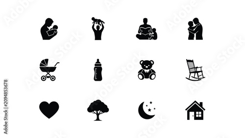 Foto Minimalist black icons set featuring parenting baby care home comfort with high