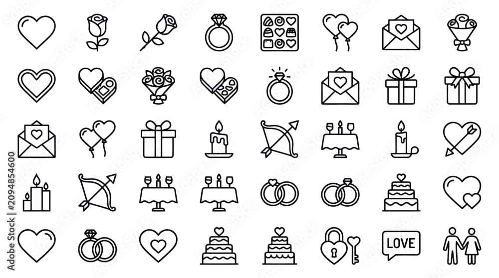 Fototapeta premium Romantic wedding and marriage event line icon collection.