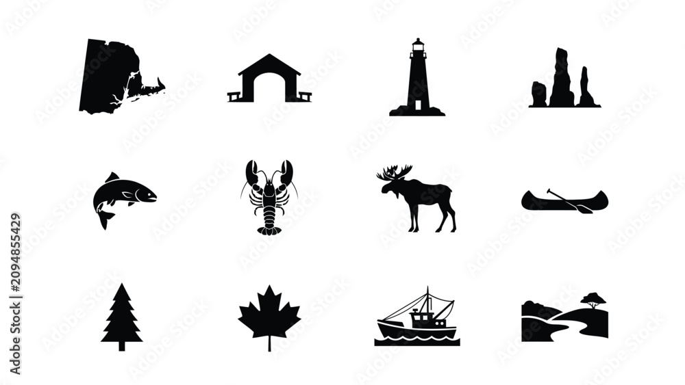 Obraz premium Black and white minimalist icons set featuring wildlife coastal structures with all rendered bold black silhouettes against clean white background
