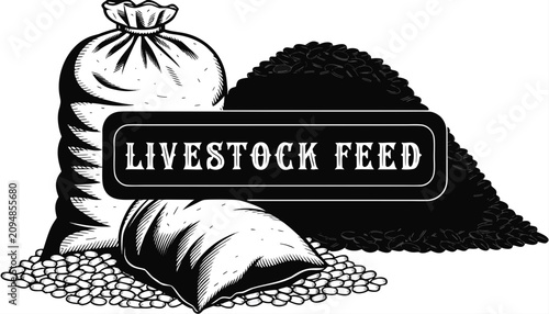 Billede på lærred Very beautiful black and white realistic vector illustration of livestock feed f