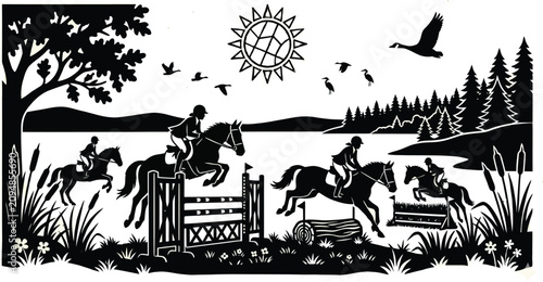 Canvastavla Horse jumping over fence in countryside with birds and sun
