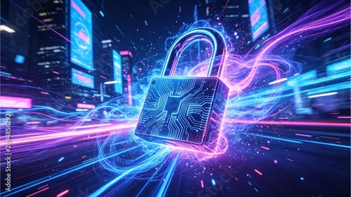 Glowing futuristic padlock with vibrant digital energy streams, cyber security technology concept featuring encryption, online data protection and secure electronic systems