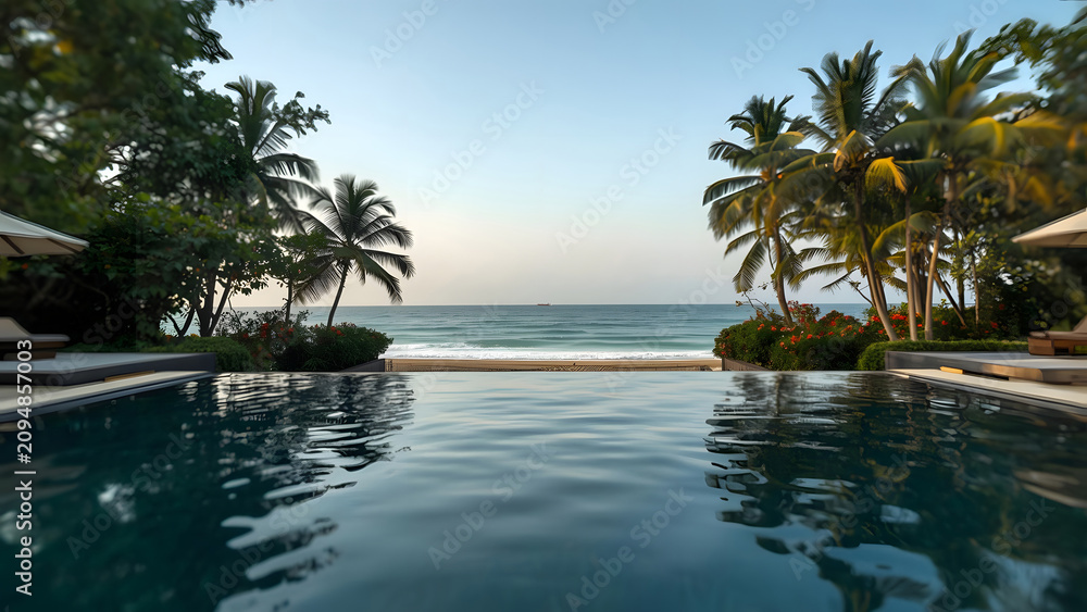 Fototapeta premium Luxury infinity pool overlooking tropical beach and ocean with palm trees