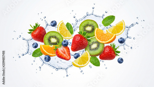 Fresh Mixed Fruit Slices Splashing in Clear Water Isolated on White Background
