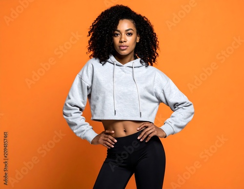 Young woman in a cropped hoodie and leggings against an orange backdrop, hands on hips, confident