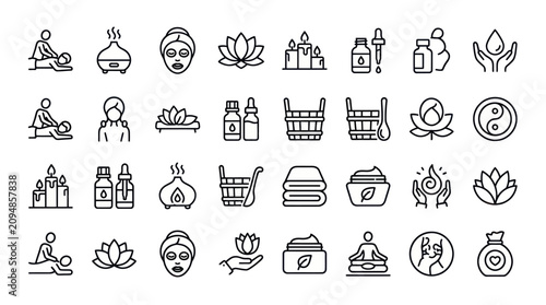 Spa wellness and beauty treatment linear icon set