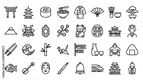 Cuadro en lienzo Traditional Japanese culture and food line icons.