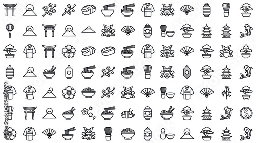 Traditional Japanese culture and food line icons.