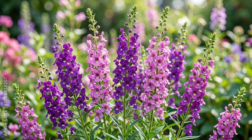 Obraz premium Beautiful purple and pink flowers in a lush garden setting with vibrant green leaves everywhere outside
