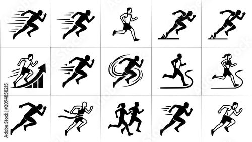 Running Person Icon Set Featuring Speed Motion, Fitness Training, Athletic Sprint, Progress Symbol, Sports Performance and Dynamic Movement Design