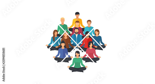Diverse group of people meditating in a mindful yoga pose, promoting calm and unity