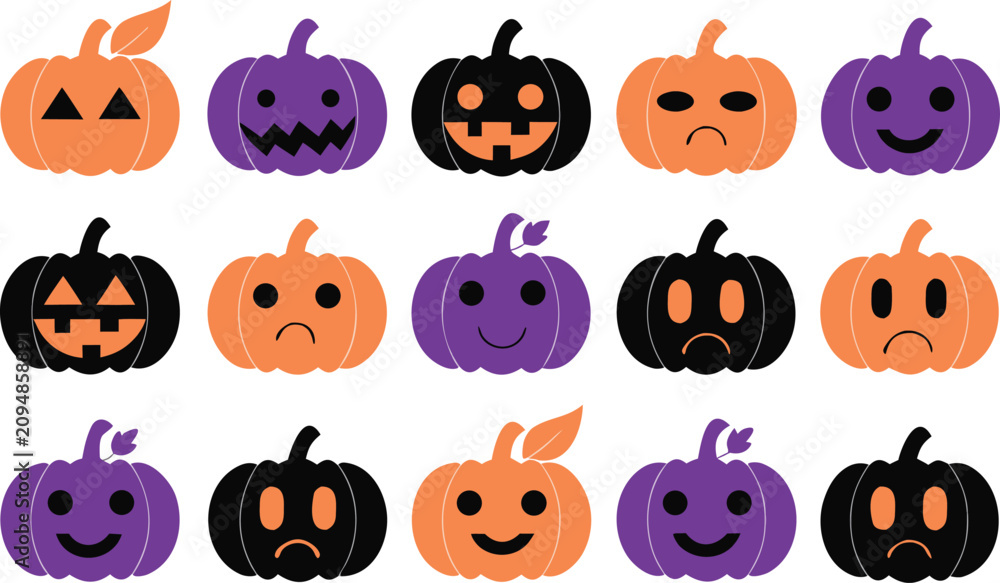 Fototapeta premium Halloween-pumpkin-faces-flat-vector-icon-set